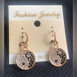 Fashion Jewelry Gold Tone Yin Yang Crystal Drop Earrings - Black & Clear